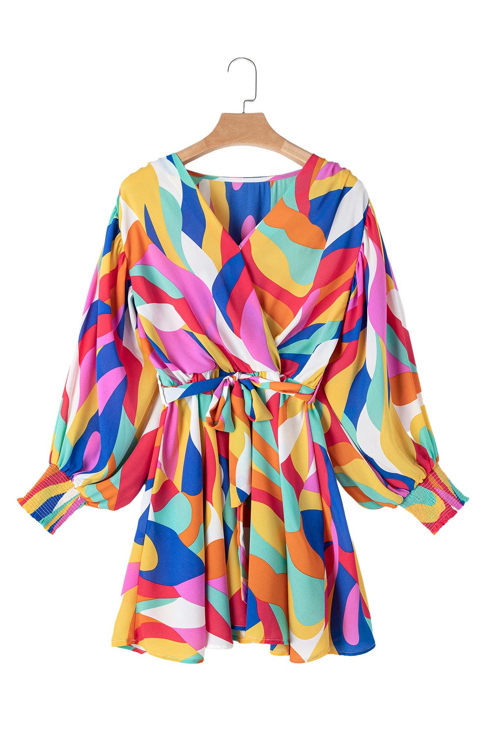 Colorful Abstract Print Cinched Waist Puffy Sleeve Short Dress