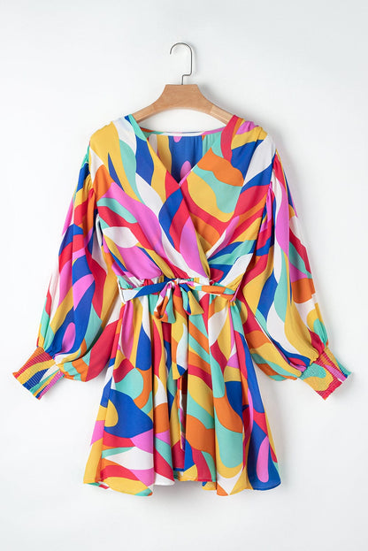Colorful Abstract Print Cinched Waist Puffy Sleeve Short Dress