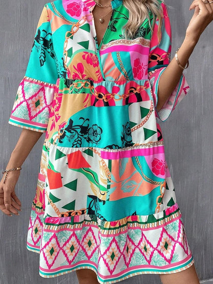Colorful Abstract Print Half Sleeve V-Neck Mini Dress