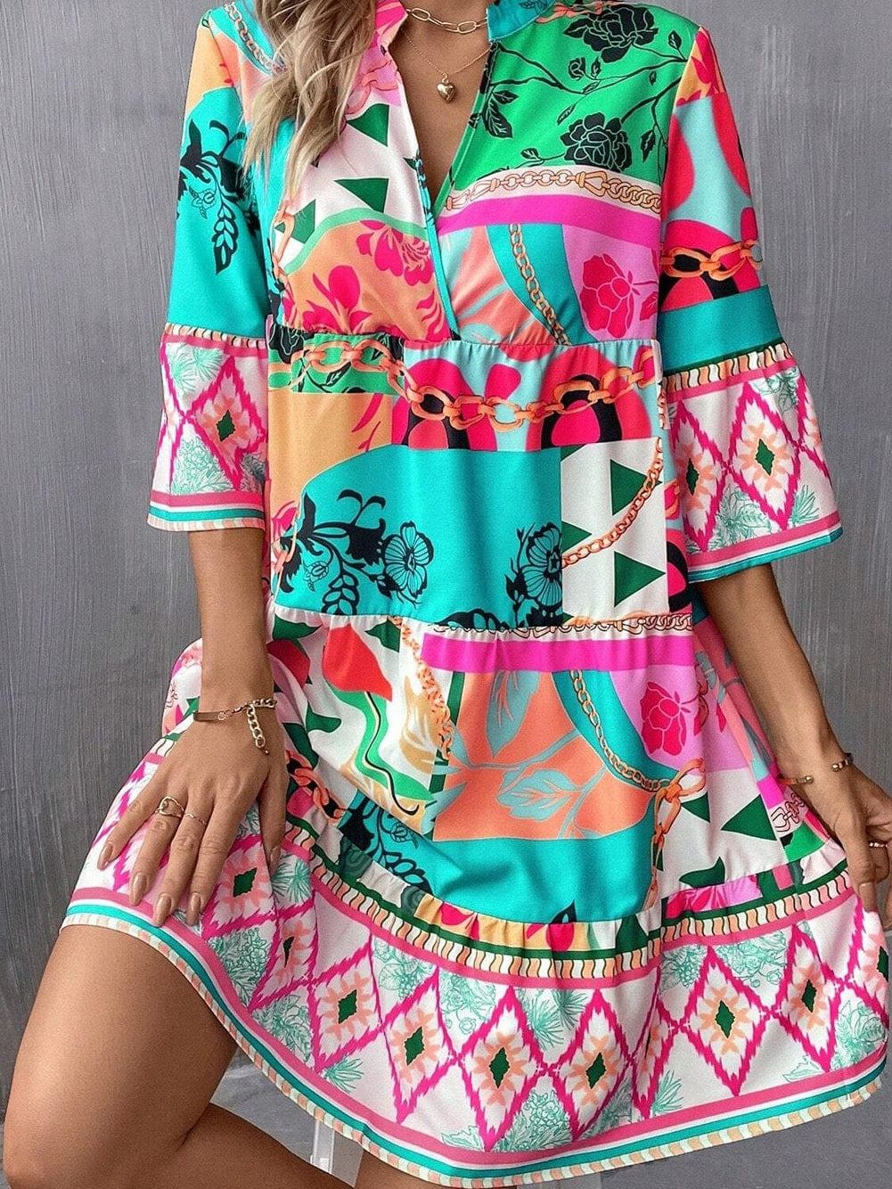 Colorful Abstract Print Half Sleeve V-Neck Mini Dress