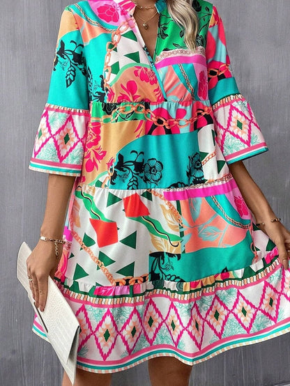 Colorful Abstract Print Half Sleeve V-Neck Mini Dress