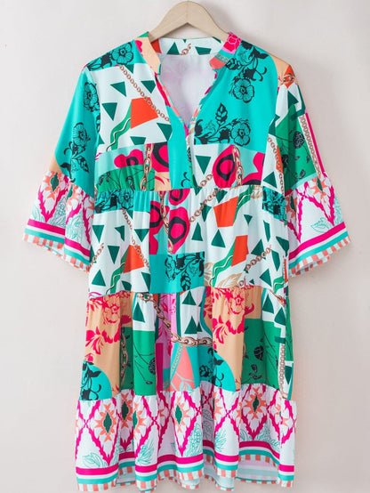 Colorful Abstract Print Half Sleeve V-Neck Mini Dress