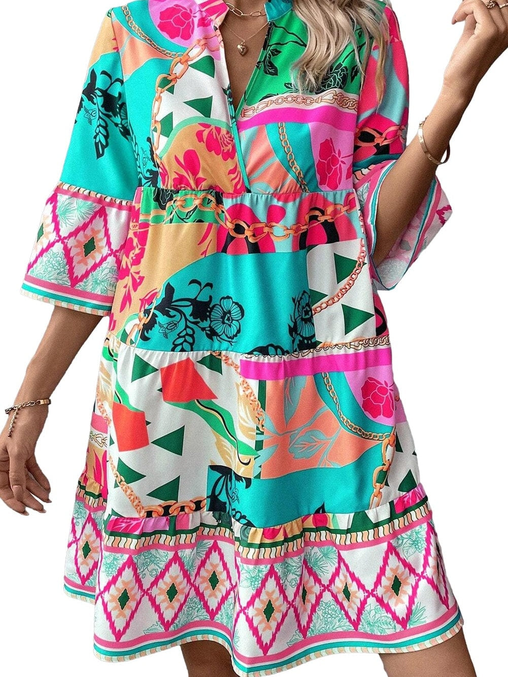 Colorful Abstract Print Half Sleeve V-Neck Mini Dress