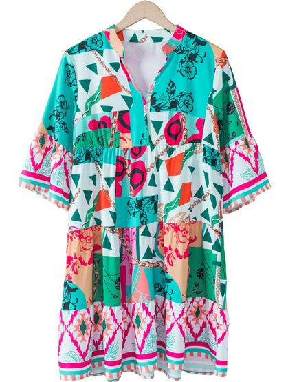 Colorful Abstract Print Half Sleeve V-Neck Mini Dress