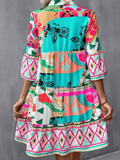 Colorful Abstract Print Half Sleeve V-Neck Mini Dress