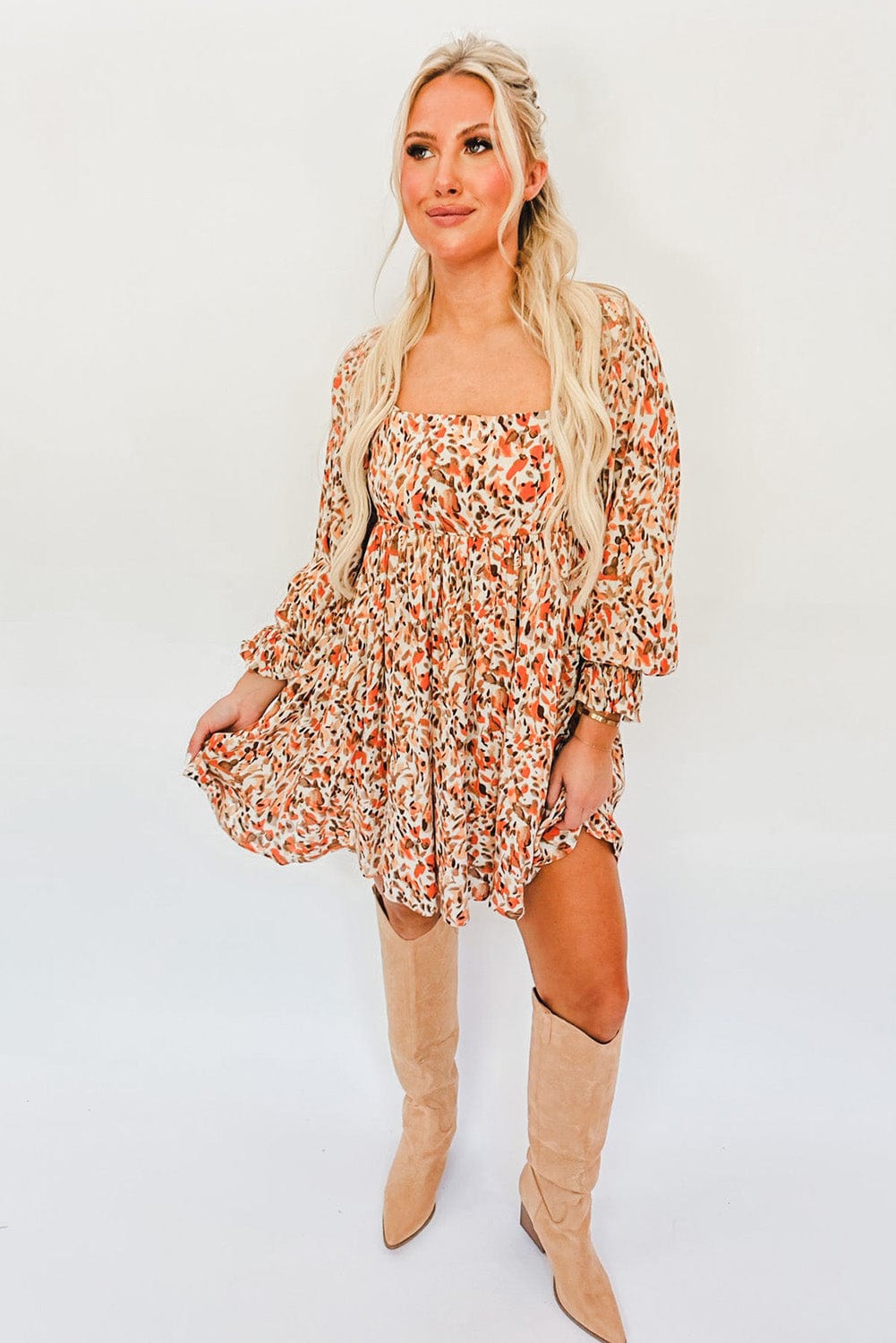 Colorful Abstract Print High Waisted Square Neck Mini Dress with Ruffled Sleeves