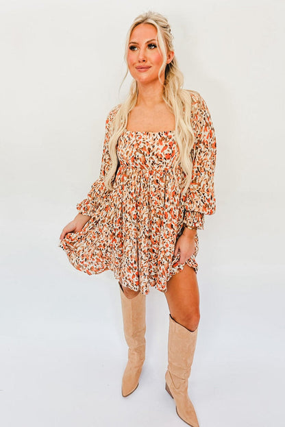 Colorful Abstract Print High Waisted Square Neck Mini Dress with Ruffled Sleeves