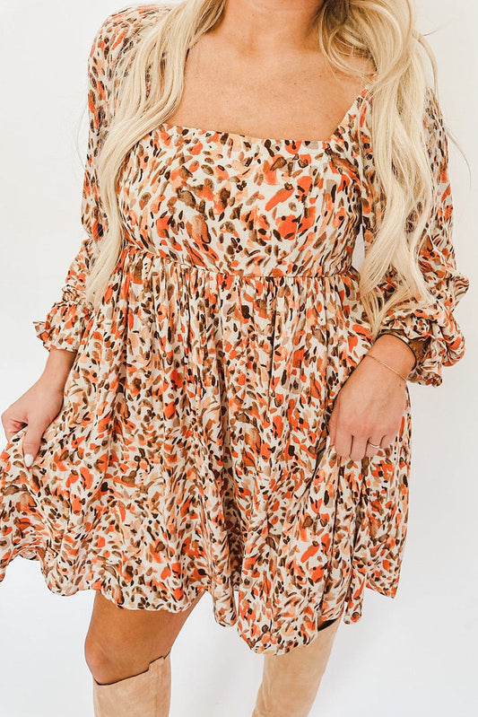 Colorful Abstract Print High Waisted Square Neck Mini Dress with Ruffled Sleeves