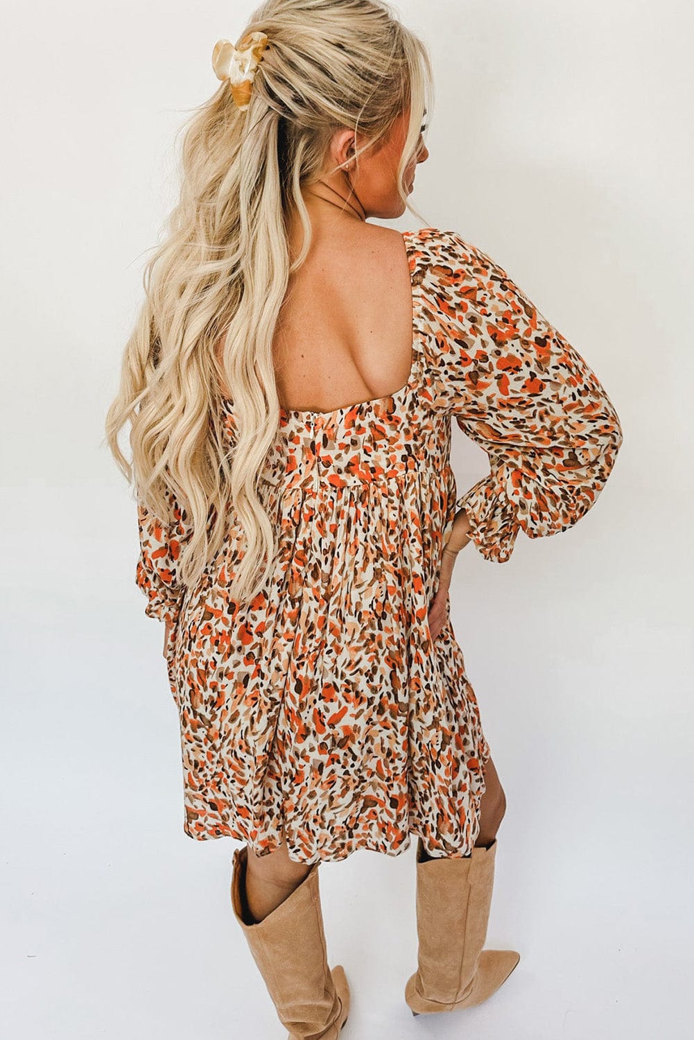 Colorful Abstract Print High Waisted Square Neck Mini Dress with Ruffled Sleeves