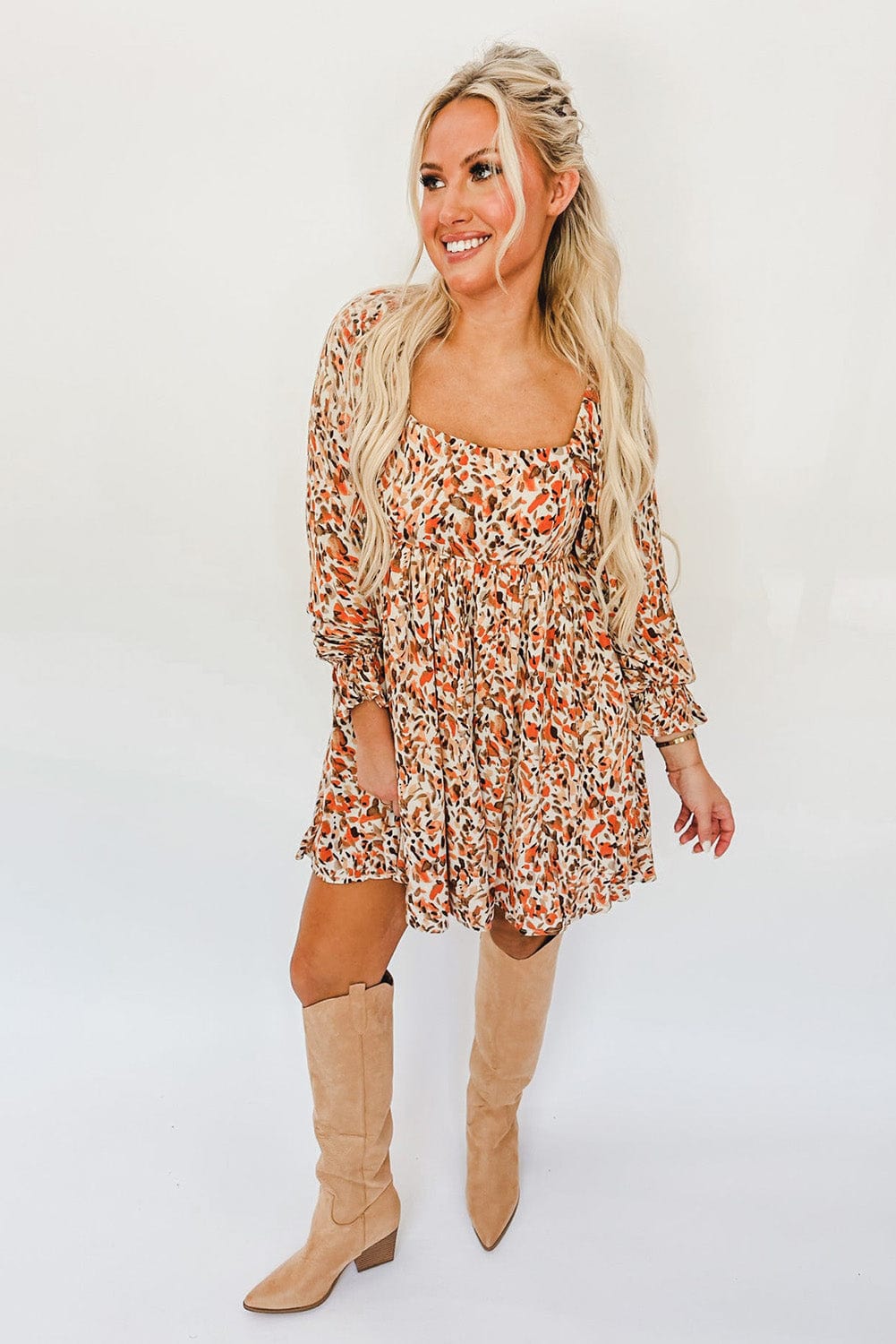 Colorful Abstract Print High Waisted Square Neck Mini Dress with Ruffled Sleeves