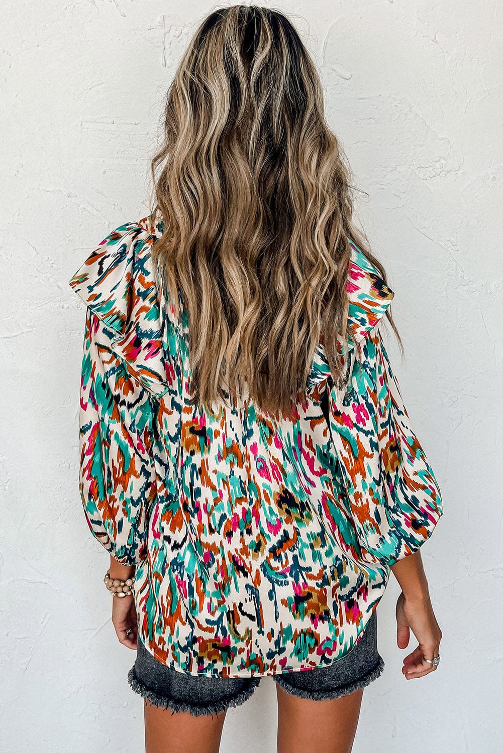 Colorful Abstract Print Puff Sleeve Ruffle Blouse with Southern Belle Style