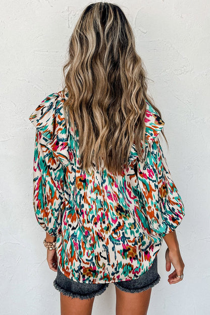 Colorful Abstract Print Puff Sleeve Ruffle Blouse with Southern Belle Style