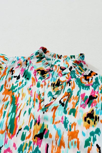 Colorful Abstract Print Puff Sleeve Ruffle Blouse with Southern Belle Style
