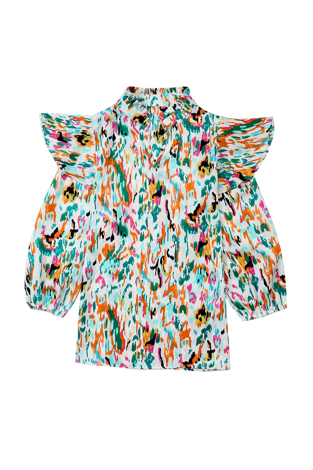 Colorful Abstract Print Puff Sleeve Ruffle Blouse with Southern Belle Style