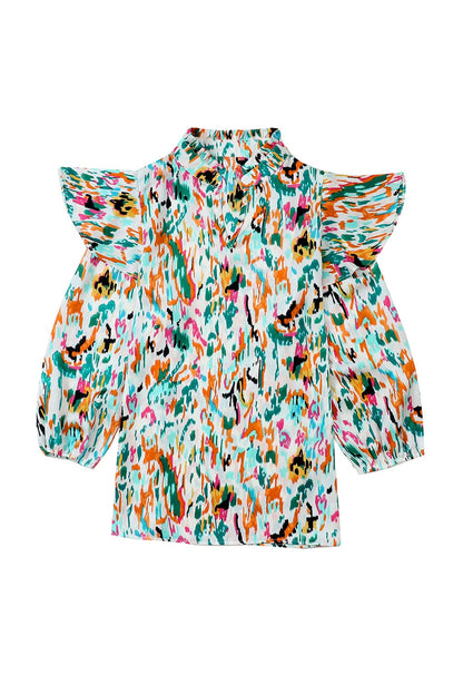 Colorful Abstract Print Puff Sleeve Ruffle Blouse with Southern Belle Style