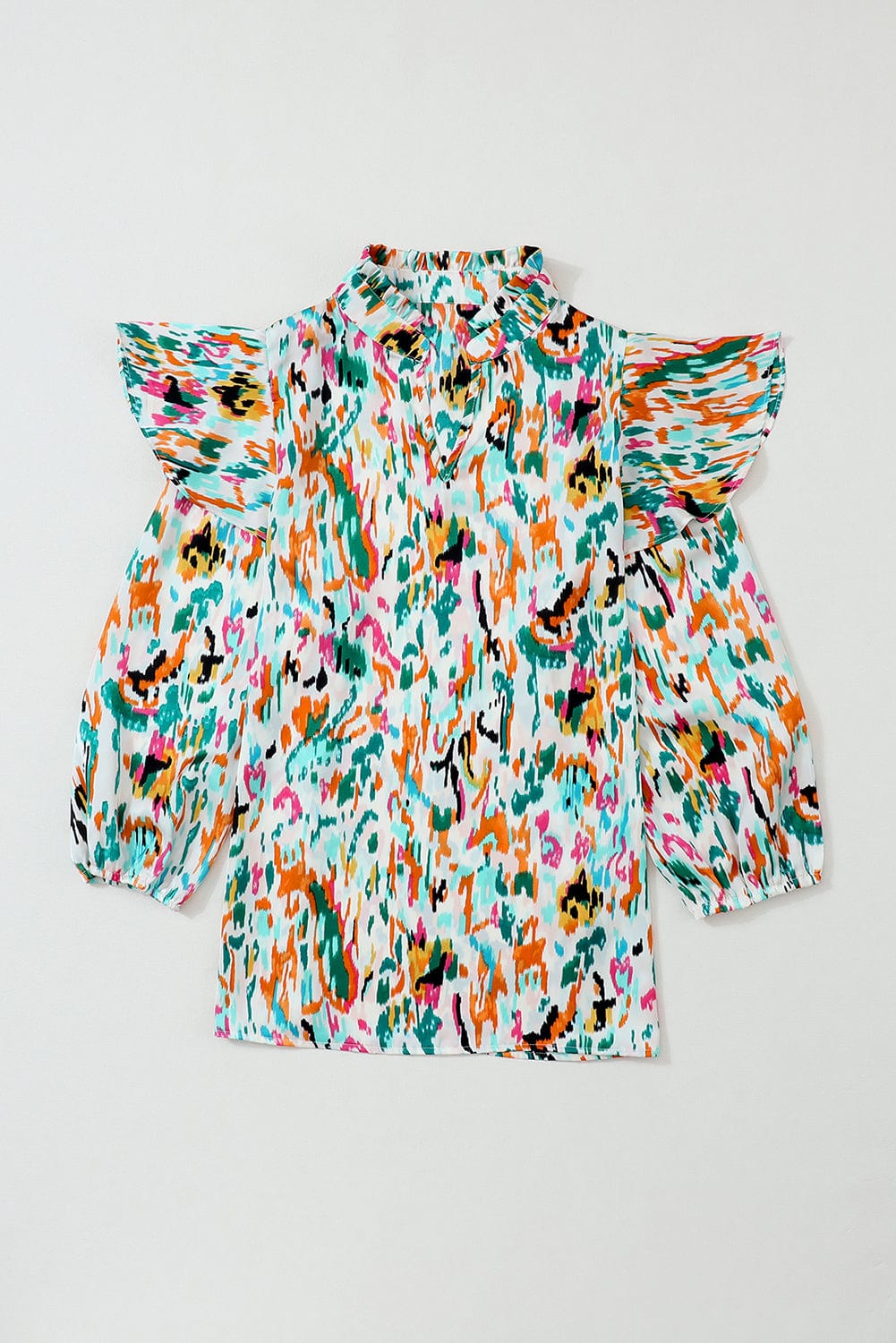Colorful Abstract Print Puff Sleeve Ruffle Blouse with Southern Belle Style