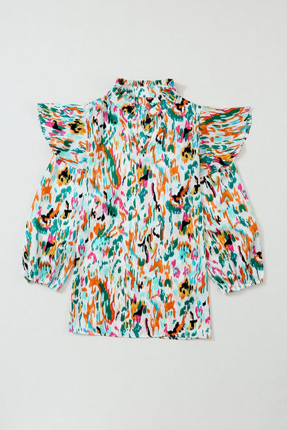 Colorful Abstract Print Puff Sleeve Ruffle Blouse with Southern Belle Style