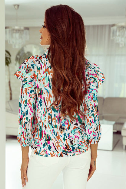 Colorful Abstract Print Puff Sleeve Ruffle Blouse with Southern Belle Style