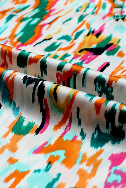Colorful Abstract Print Puff Sleeve Ruffle Blouse with Southern Belle Style