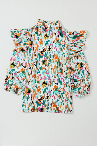 Colorful Abstract Print Puff Sleeve Ruffle Blouse with Southern Belle Style