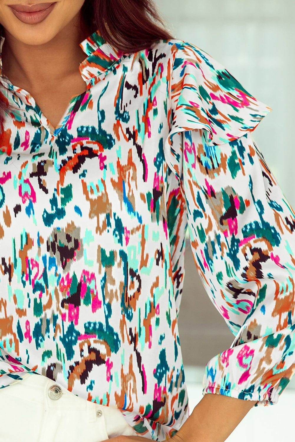 Colorful Abstract Print Puff Sleeve Ruffle Blouse with Southern Belle Style