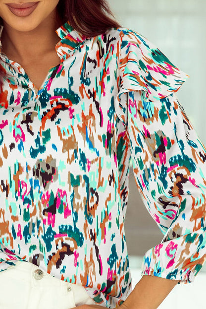 Colorful Abstract Print Puff Sleeve Ruffle Blouse with Southern Belle Style