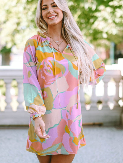 Colorful Abstract Print Ruffle Split Neck Babydoll Mini Dress