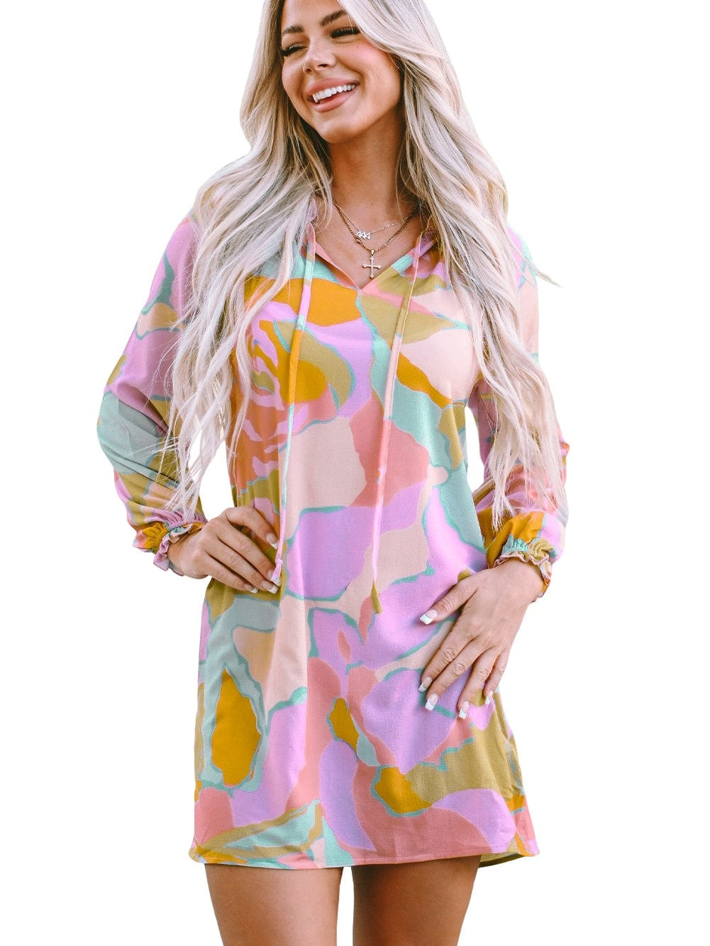 Colorful Abstract Print Ruffle Split Neck Babydoll Mini Dress