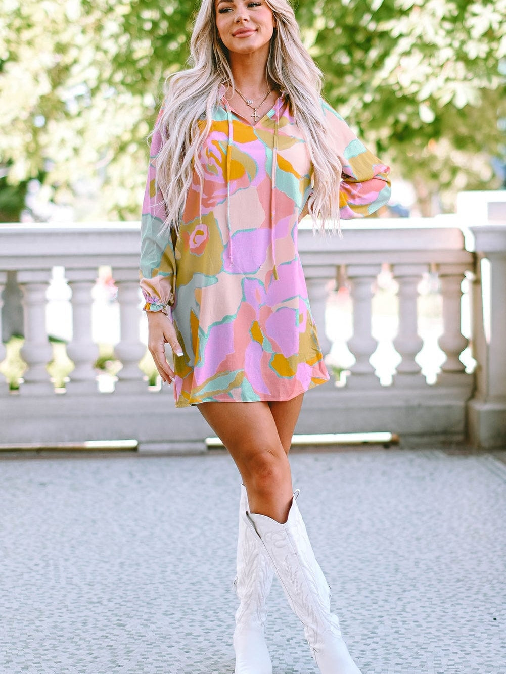 Colorful Abstract Print Ruffle Split Neck Babydoll Mini Dress