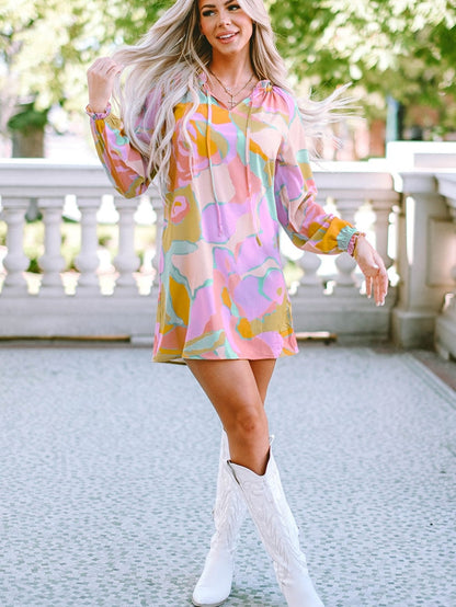 Colorful Abstract Print Ruffle Split Neck Babydoll Mini Dress