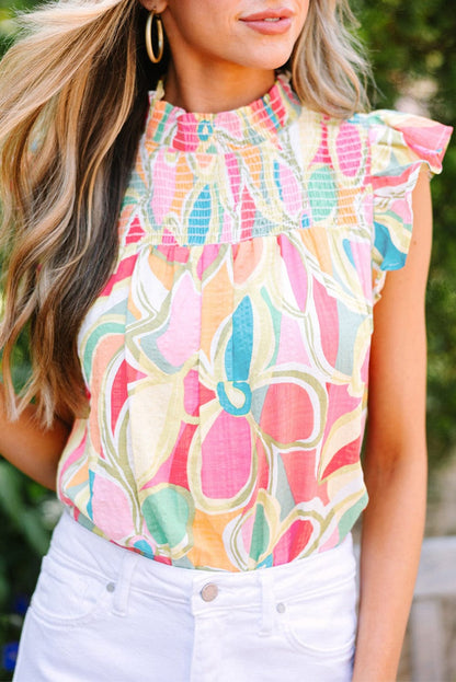Colorful Abstract Print Smocked Stand Neck Ruffle Sleeve Blouse
