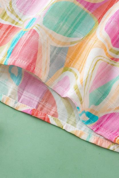 Colorful Abstract Print Smocked Stand Neck Ruffle Sleeve Blouse