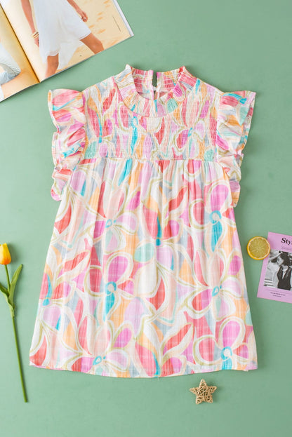 Colorful Abstract Print Smocked Stand Neck Ruffle Sleeve Blouse