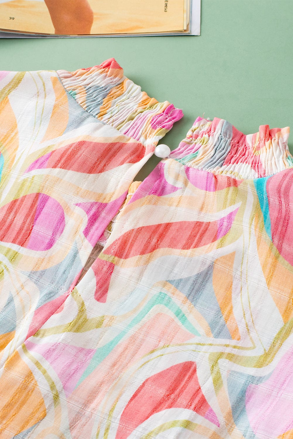 Colorful Abstract Print Smocked Stand Neck Ruffle Sleeve Blouse