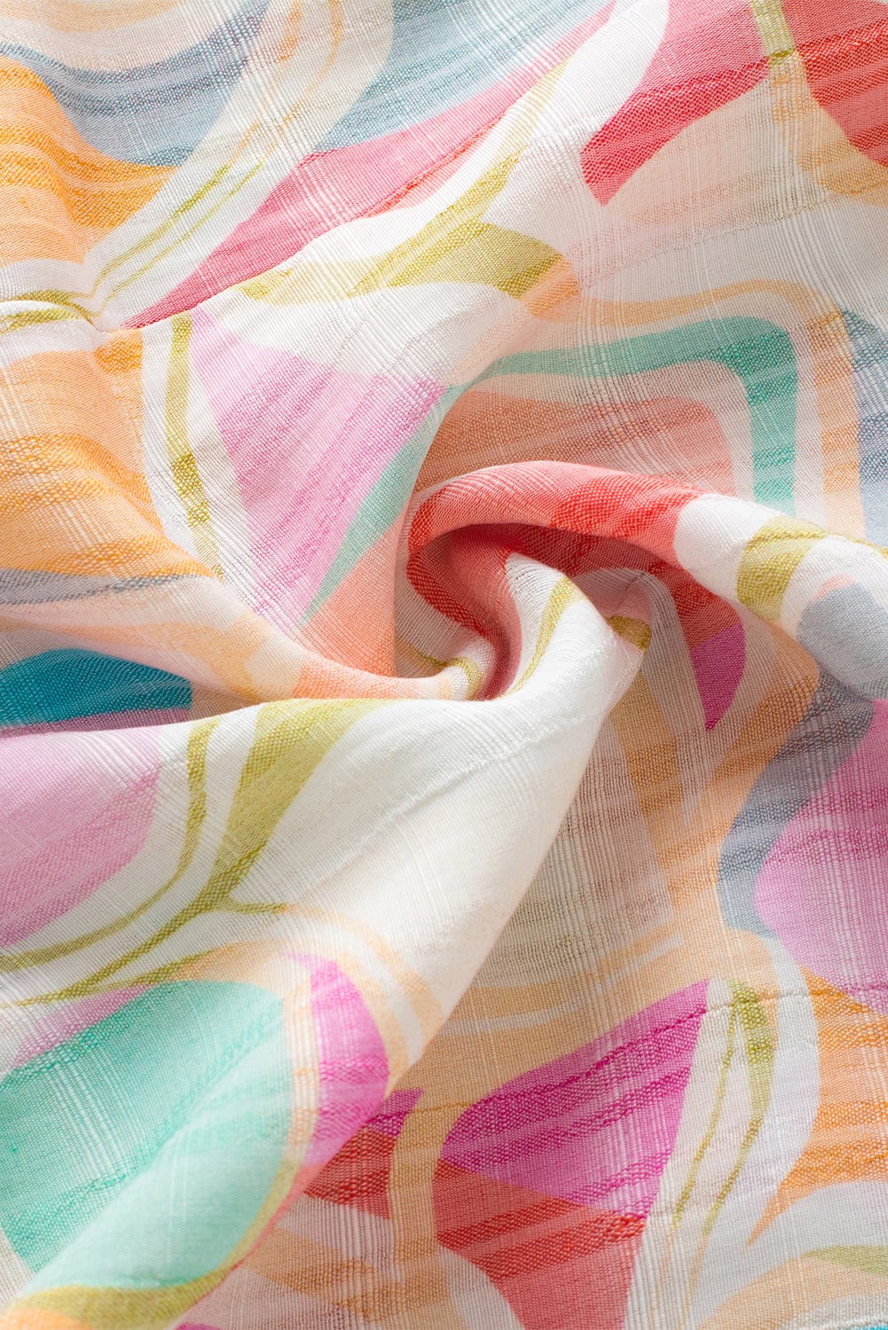 Colorful Abstract Print Smocked Stand Neck Ruffle Sleeve Blouse