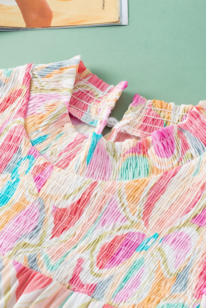 Colorful Abstract Print Smocked Stand Neck Ruffle Sleeve Blouse