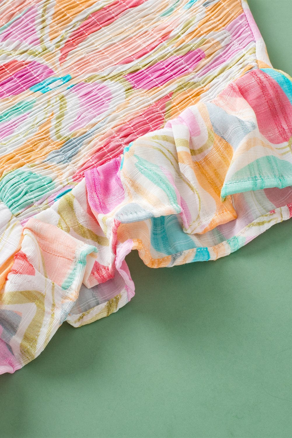 Colorful Abstract Print Smocked Stand Neck Ruffle Sleeve Blouse