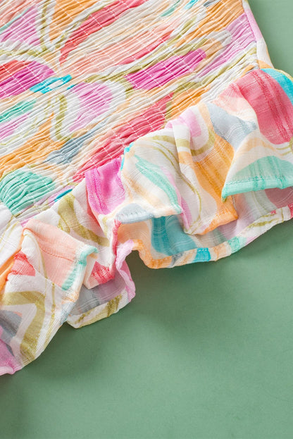 Colorful Abstract Print Smocked Stand Neck Ruffle Sleeve Blouse