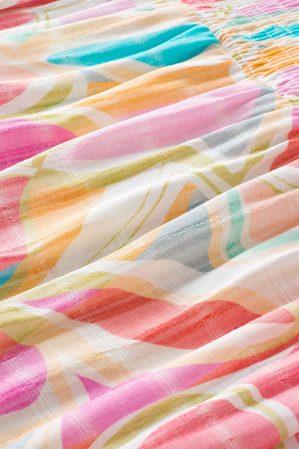 Colorful Abstract Print Smocked Stand Neck Ruffle Sleeve Blouse