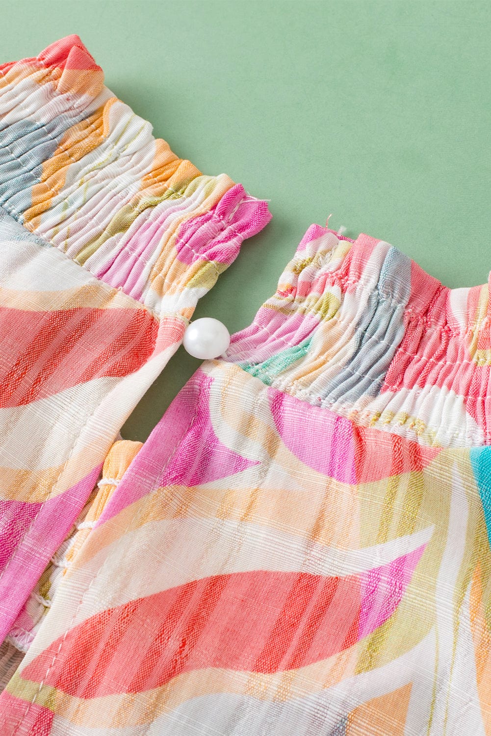 Colorful Abstract Print Smocked Stand Neck Ruffle Sleeve Blouse