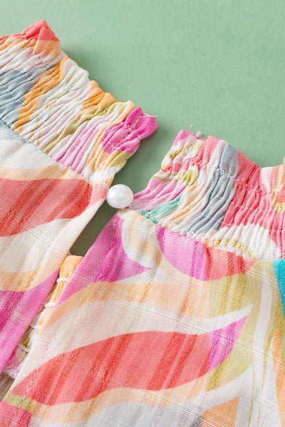 Colorful Abstract Print Smocked Stand Neck Ruffle Sleeve Blouse