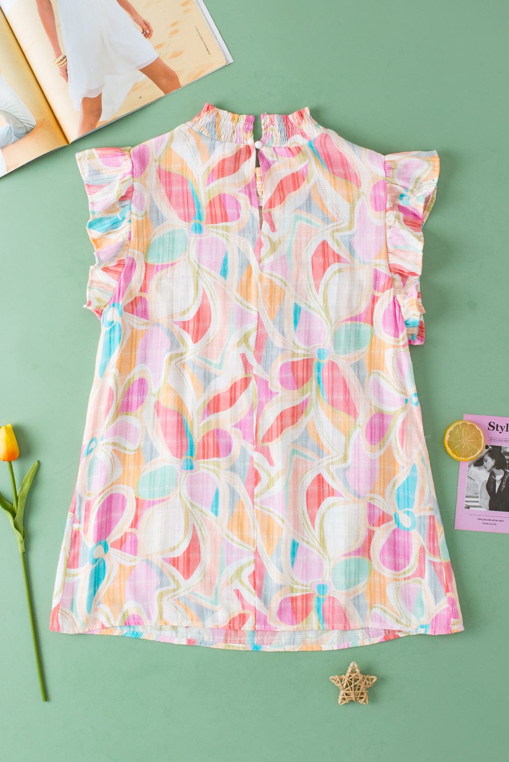 Colorful Abstract Print Smocked Stand Neck Ruffle Sleeve Blouse