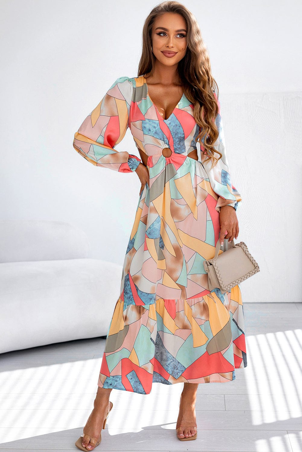 Colorful Abstract Print V-Neck Cutout Long Sleeve Maxi Dress