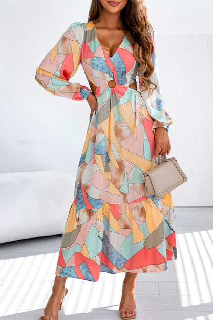Colorful Abstract Print V-Neck Cutout Long Sleeve Maxi Dress