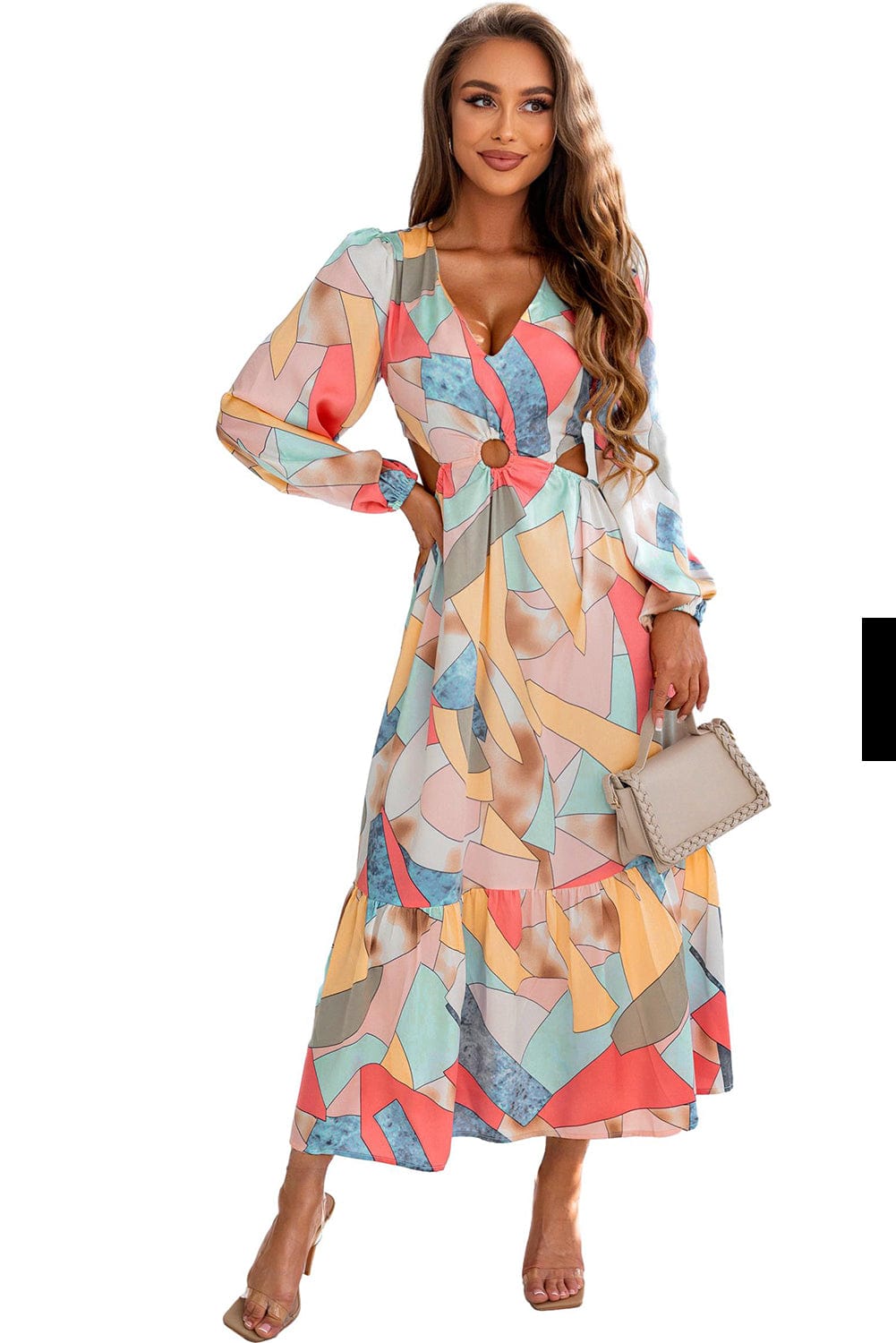 Colorful Abstract Print V-Neck Cutout Long Sleeve Maxi Dress