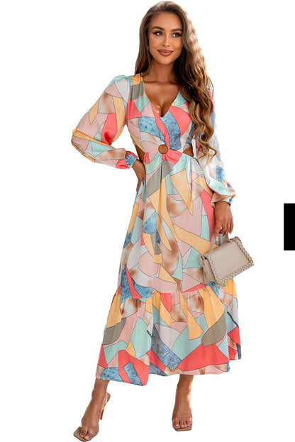 Colorful Abstract Print V-Neck Cutout Long Sleeve Maxi Dress