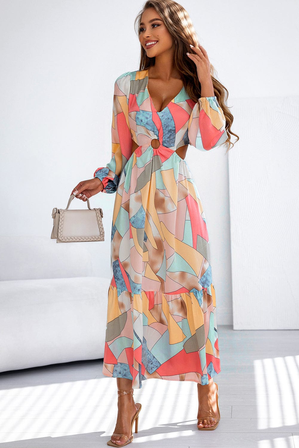 Colorful Abstract Print V-Neck Cutout Long Sleeve Maxi Dress