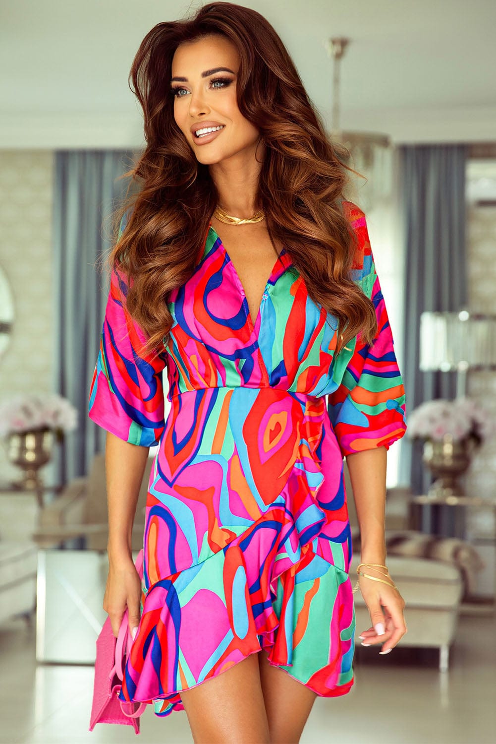 Colorful Abstract Print V-Neck Dolman Sleeve Mini Dress with Ruffle Detail