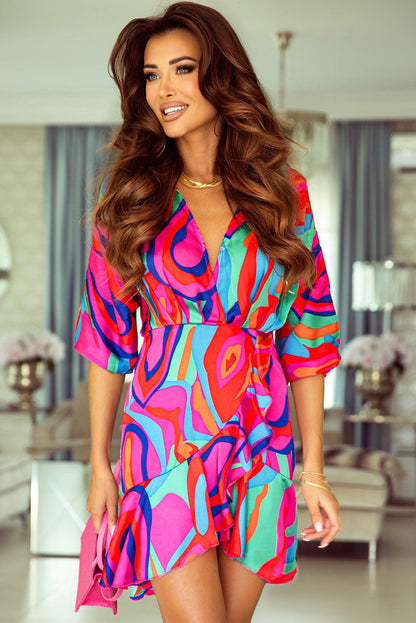 Colorful Abstract Print V-Neck Dolman Sleeve Mini Dress with Ruffle Detail