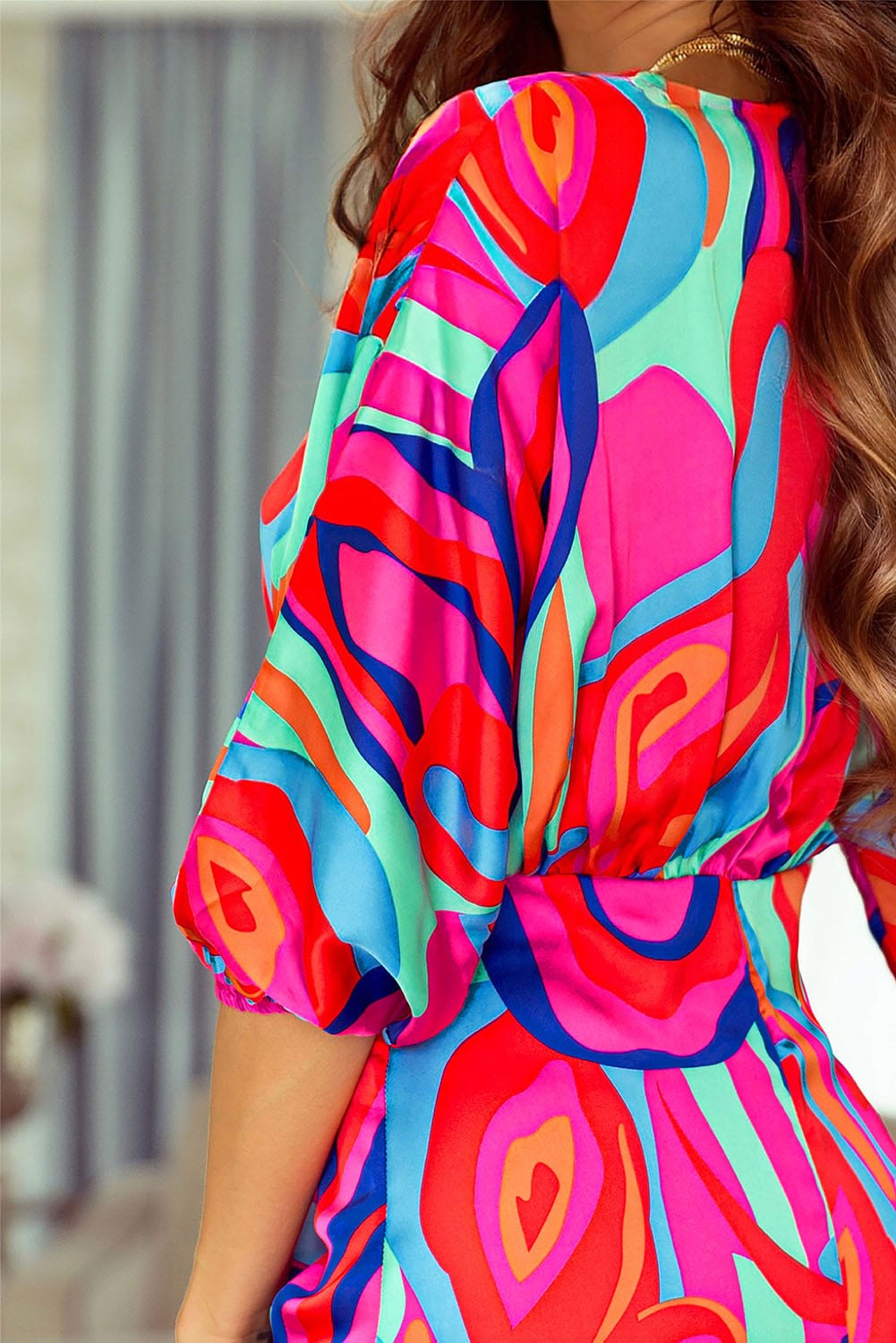 Colorful Abstract Print V-Neck Dolman Sleeve Mini Dress with Ruffle Detail